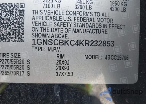 2019 Chevrolet Tahoe Lt z USA, uszkodzony, nr VIN 1GNSCBKC4KR232853